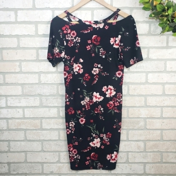 EYE CANDY Floral Open Shoulder Stretch Dress Size L - Picture 2 of 6
